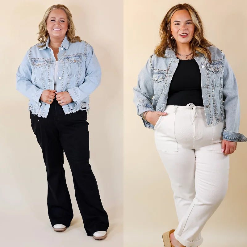 Top 10 Women's Online Clothing Stores Instantly Impressed Cropped Denim Jacket with Silver Studs in Light Wash