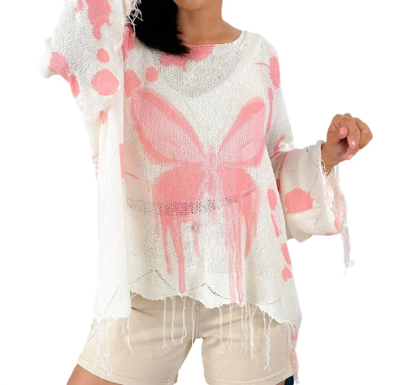 Modern Women's Apparel Butterfly Top In White And Pink