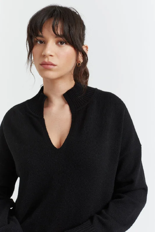 Women's High-End Clothing Black Cashmere V-Neck Funnel Sweater