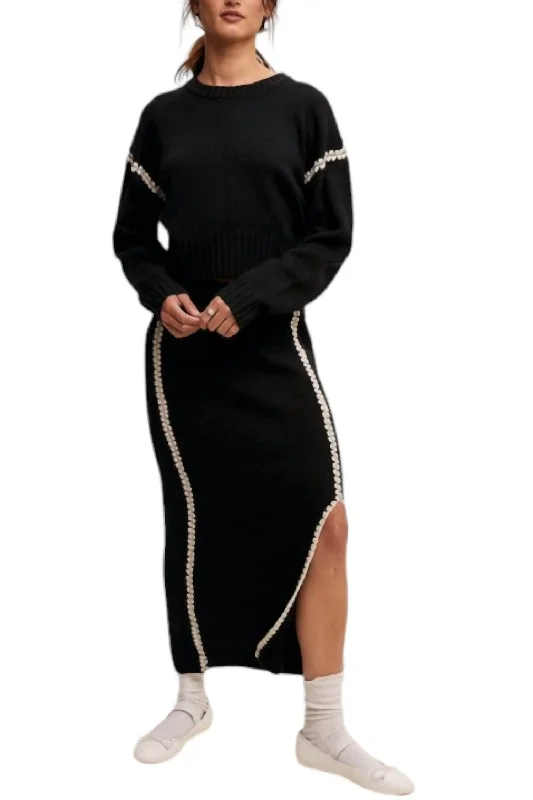 Stylish Women's Clothing Contrast Stitch Sweater Skirt Set In Black