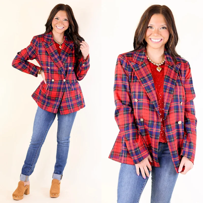 Women's Outerwear Apparel Endless Cheer Plaid Blazer with Gold Buttons in Blue and Red