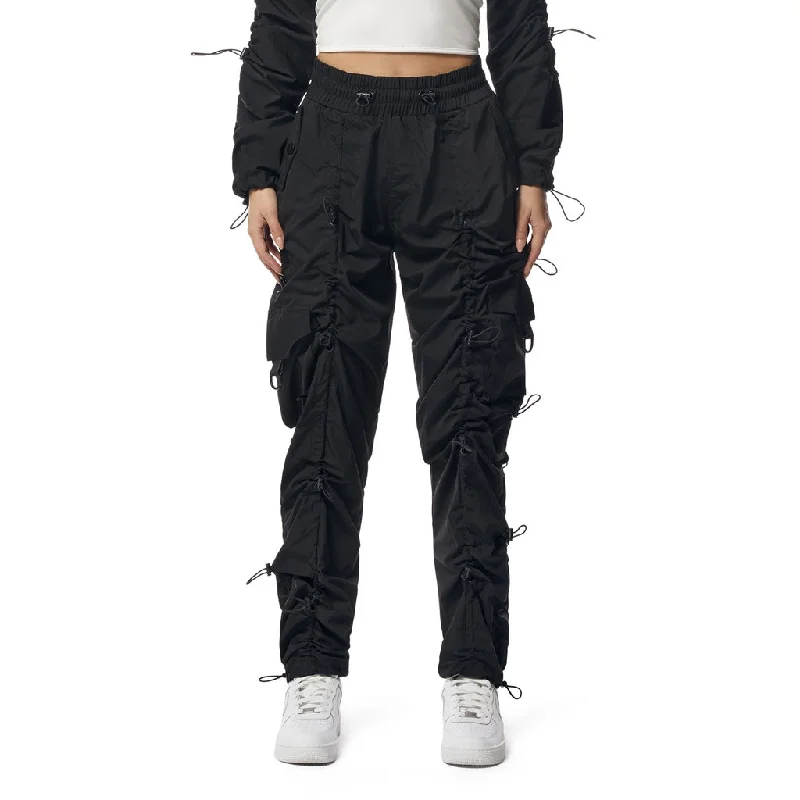 Women's Romantic Outfit High Rise Multi Bungee Windbreaker Joggers - Black