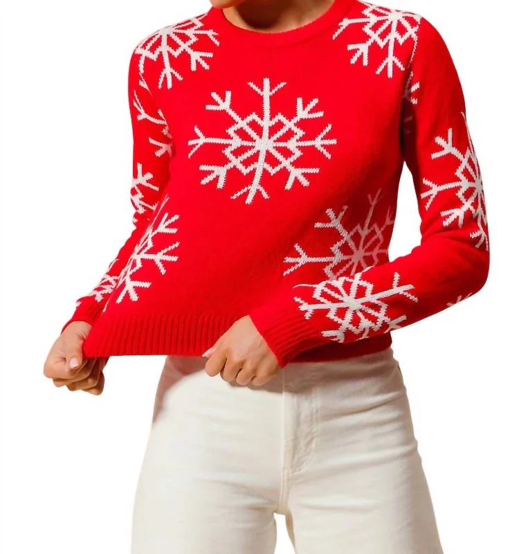 Women's Comfortable Lounge Outfit Christmas Snowflake Knitted Sweater In Red/ivory