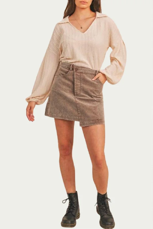 Chic Casual Wardrobe Essentials Criss-Cross Asymmetrical Corduroy Skirt In Washed Mocha