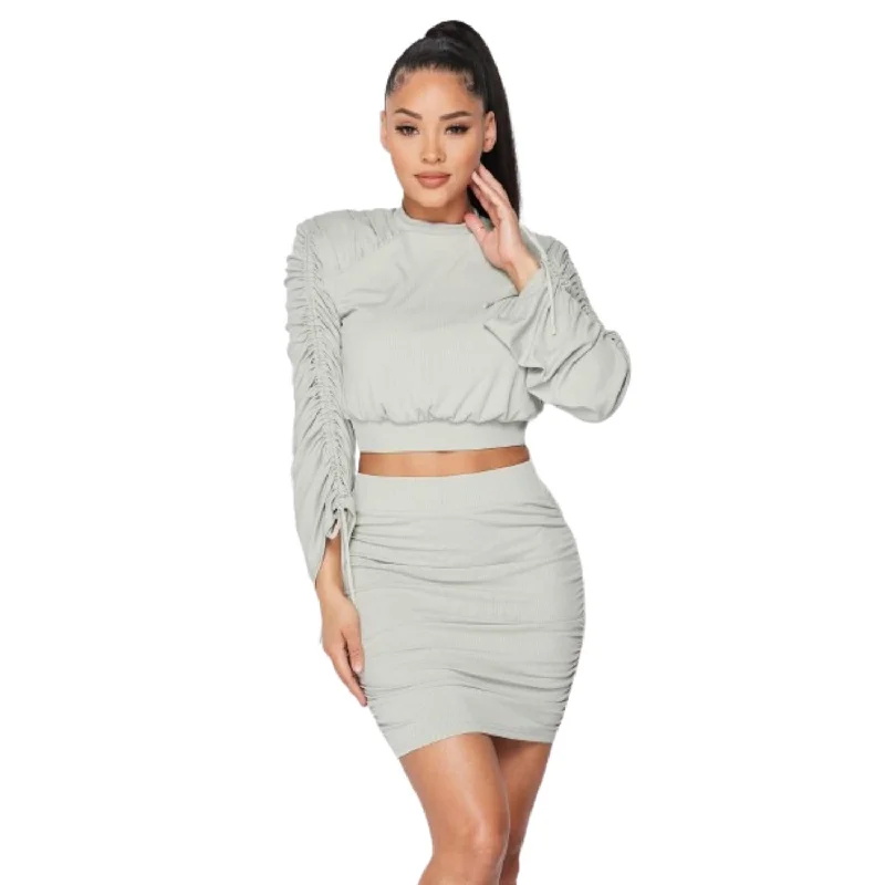 Best Online Boutiques Ruched Long Sleeve And Skirt Set