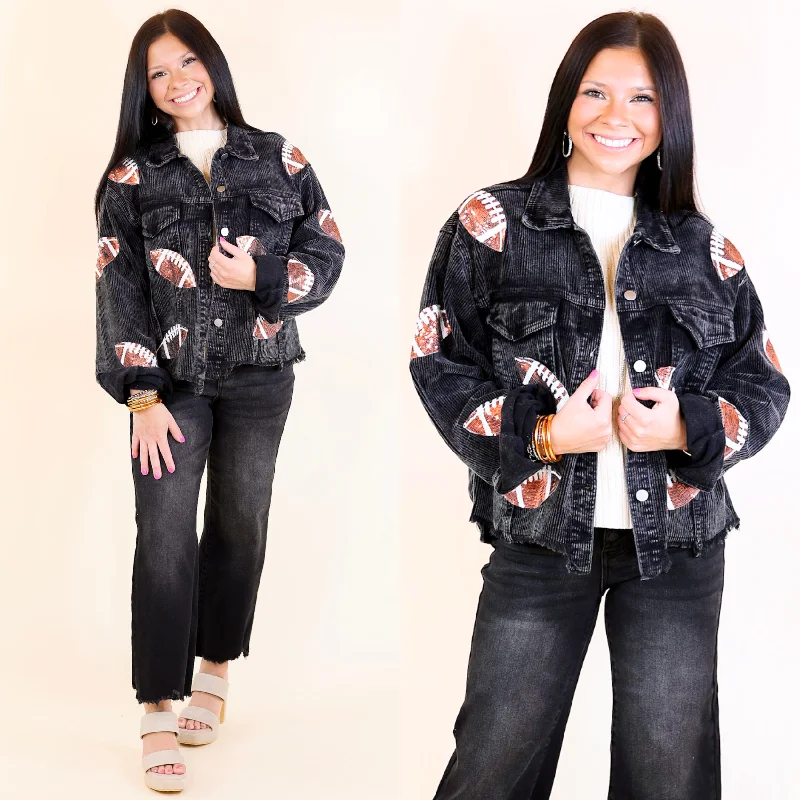 Women Apparel Gameday Ready Corduroy Shacket with Sequin Football Patches in Black