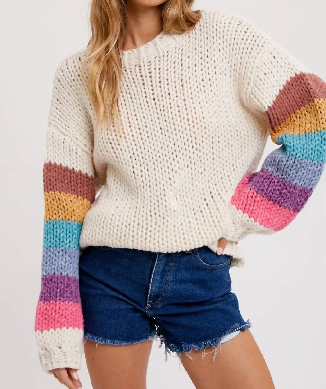 Women's Holiday Attire Rainbow Sleeves Pullover Sweater In White