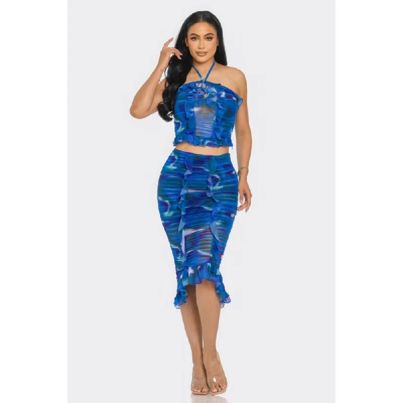 Charming Everyday Clothing For Women Tropical Waters Print Mesh Ruffle Halter Skirt Set