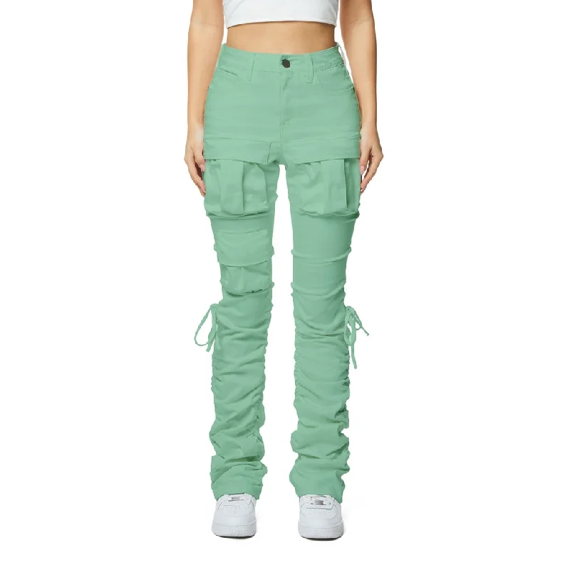 Easygoing Women's Style High Rise Bootcut Strap Twill Pants - Mint