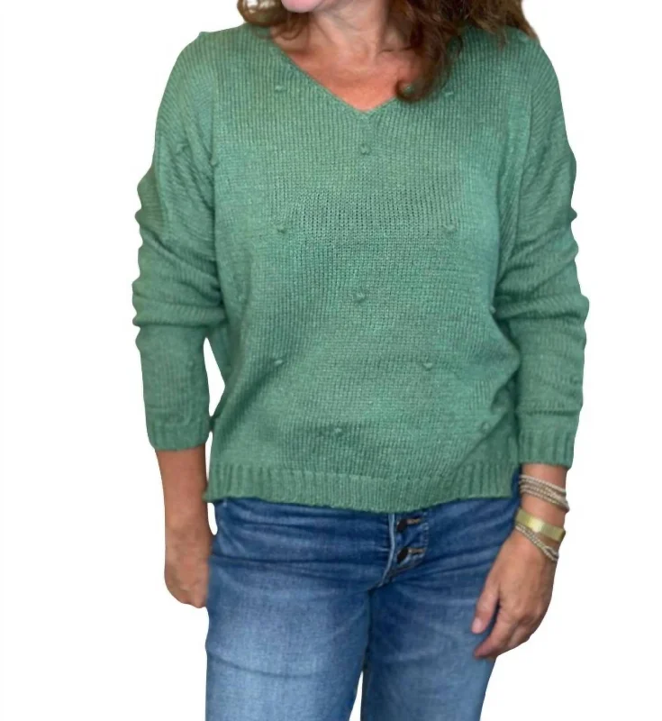 Charming Women's Holiday Apparel Mini Popcorn V Neck Lightweight Sweater In Shadle Green