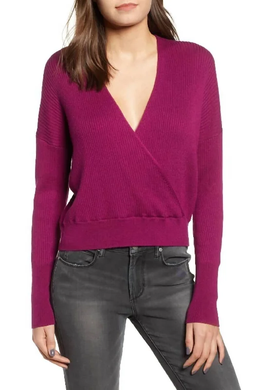 Classic Women's Clothing Styles Rib Wrap Long Sleeve Crop Sweater In Purple