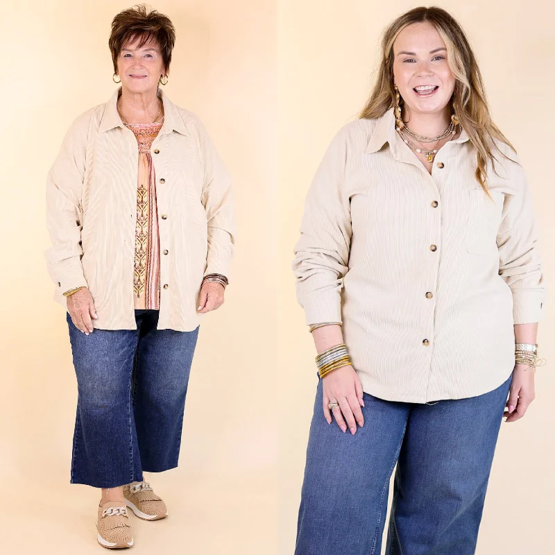 Women's Holiday Apparel Captivating Cuteness Corduroy Button Up Shacket in Cream