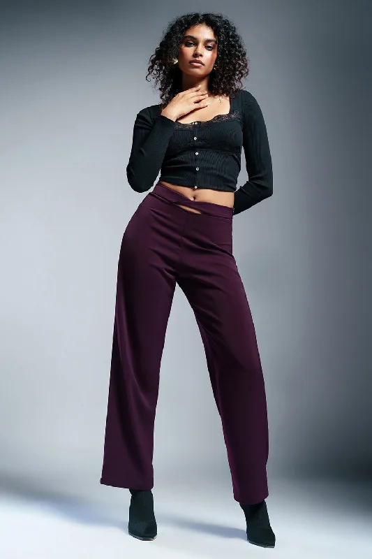 Women's Comfortable Clothes For Weekends Ruby Wine Twisted Waist Korean Pants