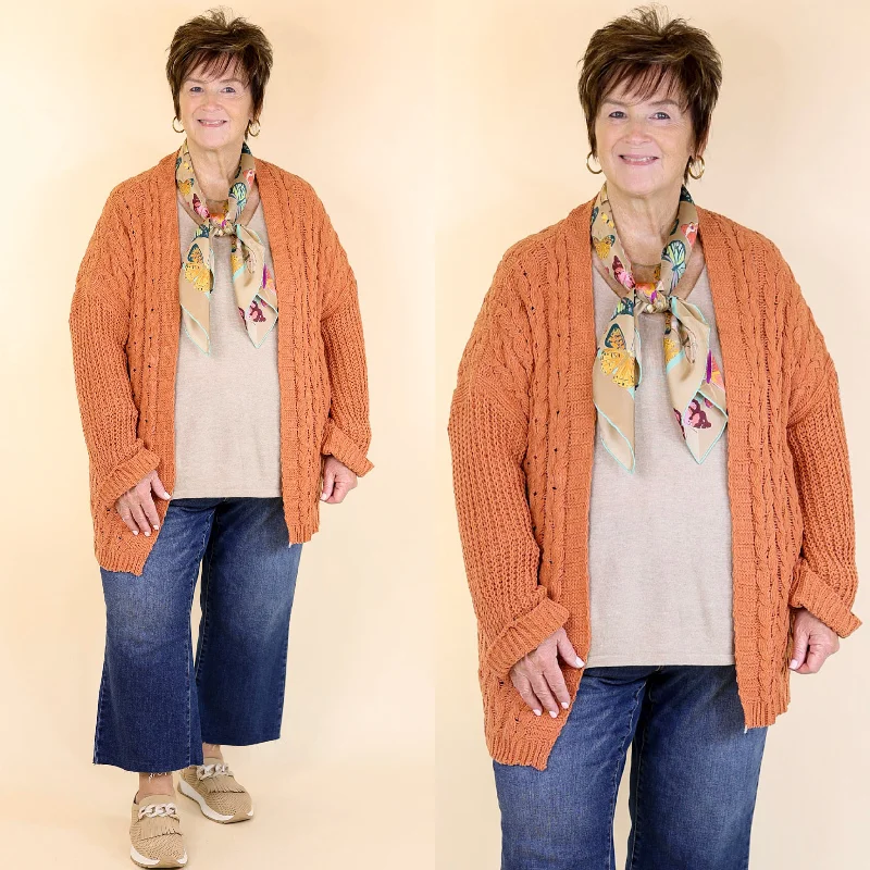 Women's Contemporary Apparel On My Level Chenille Cable Knit Open Front Cardigan in Canyon Clay Orange