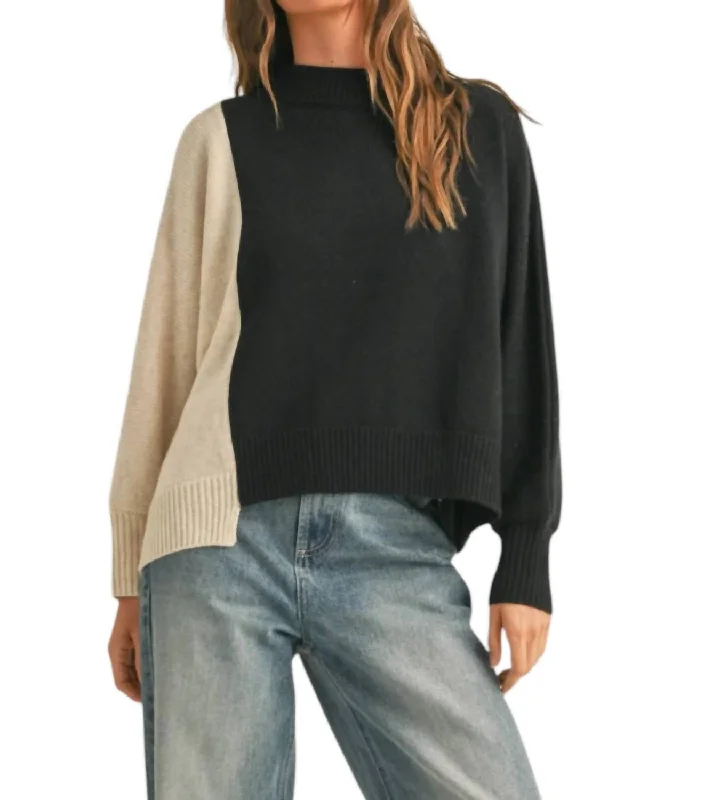 Women's Seasonal Attire Color Block Long Sleeve Sweater Top In Oatmeal/black