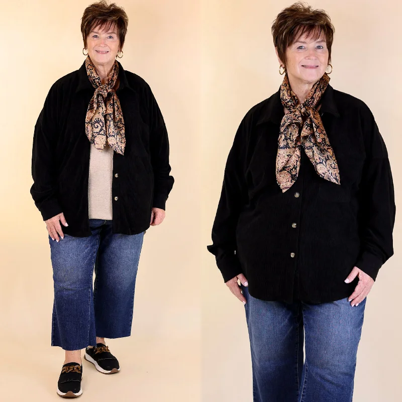 Women's Trendy Activewear Apparel Plus Sizes | Captivating Cuteness Corduroy Button Up Shacket in Black