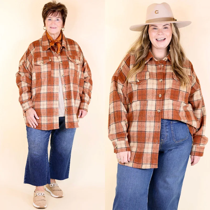 Women's Evening Clothes Kindness Everywhere Button Up Plaid Shacket in Burnt Orange