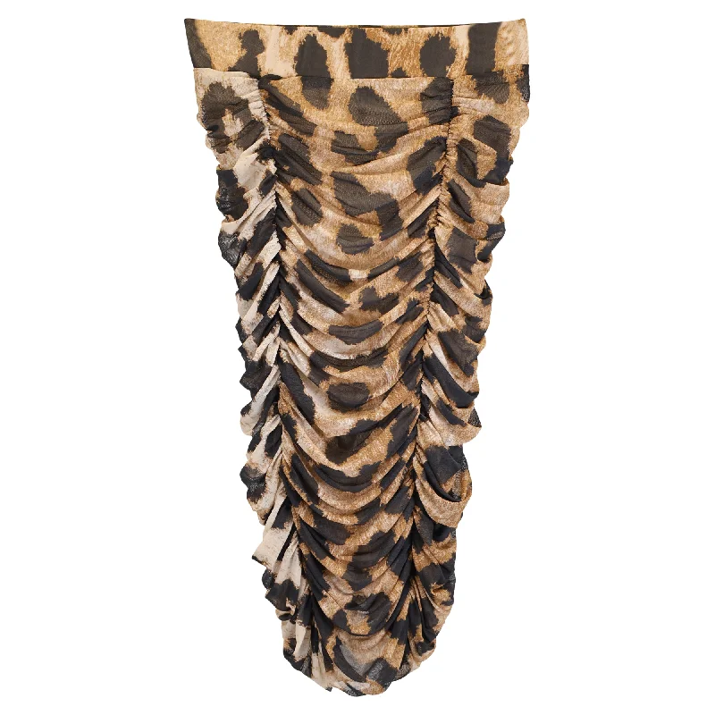 Women's Vintage Clothes Ganni Ruched Leopard Print Midi Mesh Skirt in Brown Polyester