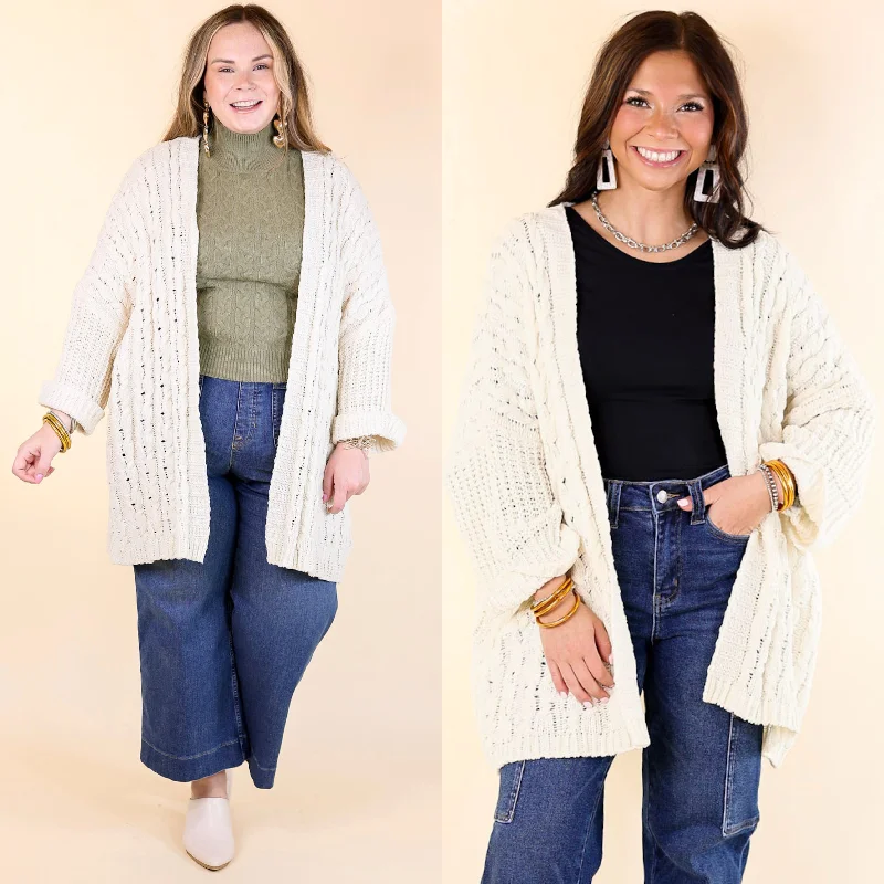 Women's Formal Clothes On My Level Chenille Cable Knit Open Front Cardigan in Ivory