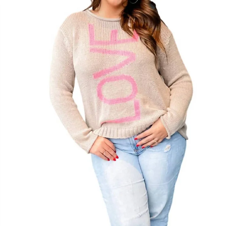 Timeless Women's Apparel Love Crew Cotton Sweater In Khaki/pretty Pink