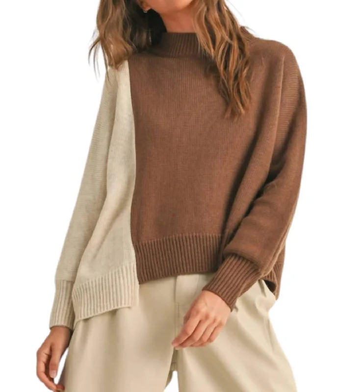 Women's Professional Attire Color Block Long Sleeve Sweater Top In Oatmeal/brown