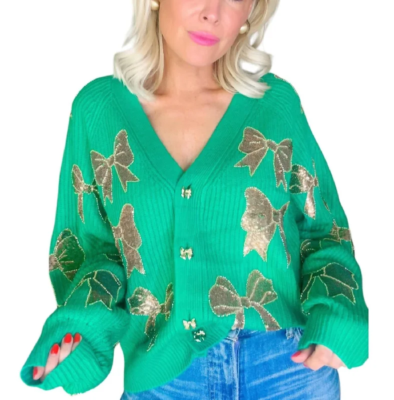 Women's Clothes Scatter Bow Cardigan In Green