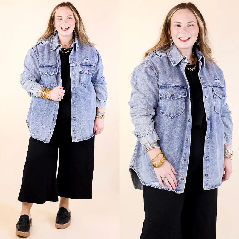 Online Boutique Stores Wish and Wander Distressed Denim Button Up Shacket in Light Wash