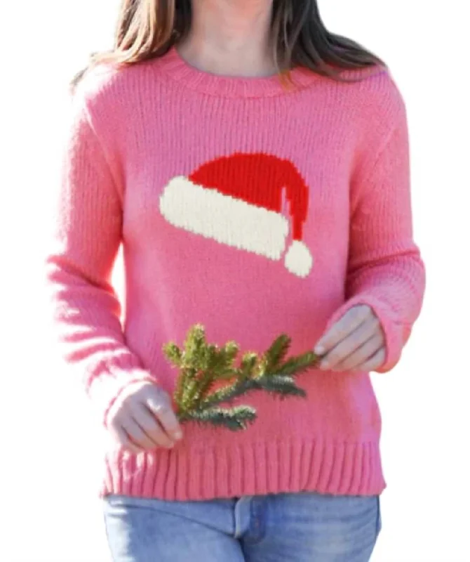 Stylish Women's Outerwear Apparel Santa Hat Crew Sweater In Cherry Pastile