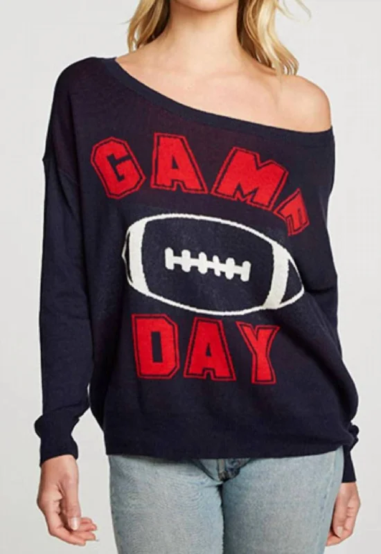 Women's Clothing For Outdoor Activities Long Sleeve Wide Neck Game Day Pullover In Navy