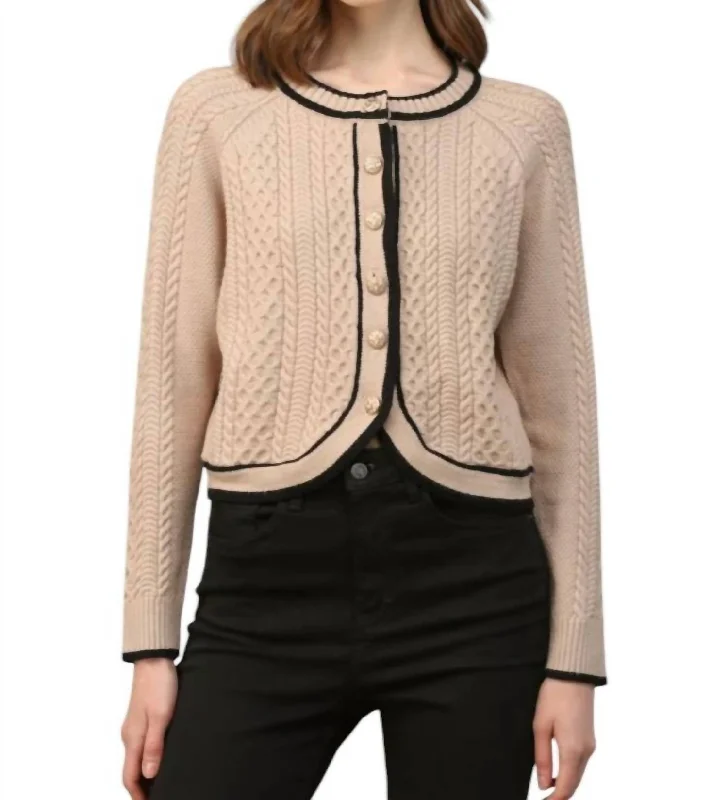 Modern Women's Attire Bailey Cable Knit Cardigan With Contrast Trim In Taupe/black