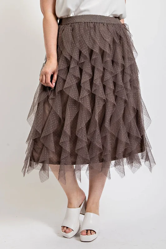 Affordable Fashion Clothing For Women Ruffled Tulle Midi Skirt With Elastic Waist Band