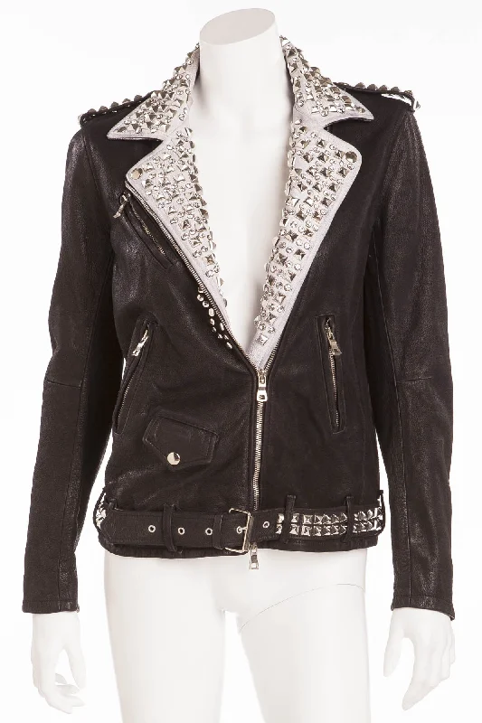 Sales Clothes Balmain - Brand New with Tags Black Leather Jacket White Trim w/Silver Studs + Rhinestones - FR 40