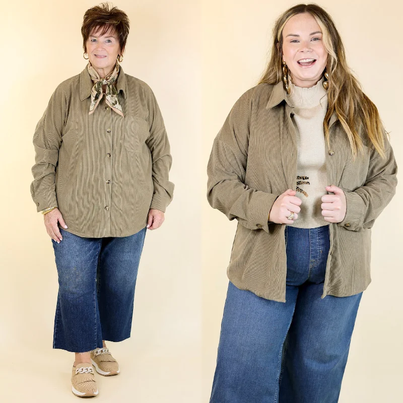 Charming Women's Holiday Apparel Captivating Cuteness Corduroy Button Up Shacket in Olive Green