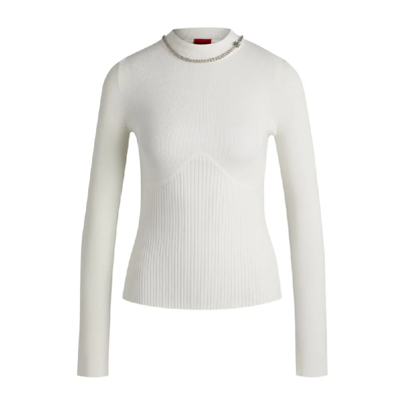 Vintage-Inspired Women's Apparel Mock-neck sweater with chain collar trim