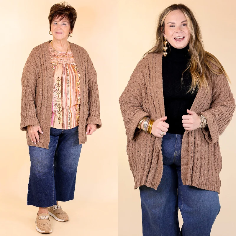 Women's Clothes For Work Events On My Level Chenille Cable Knit Open Front Cardigan in Cappuccino Brown