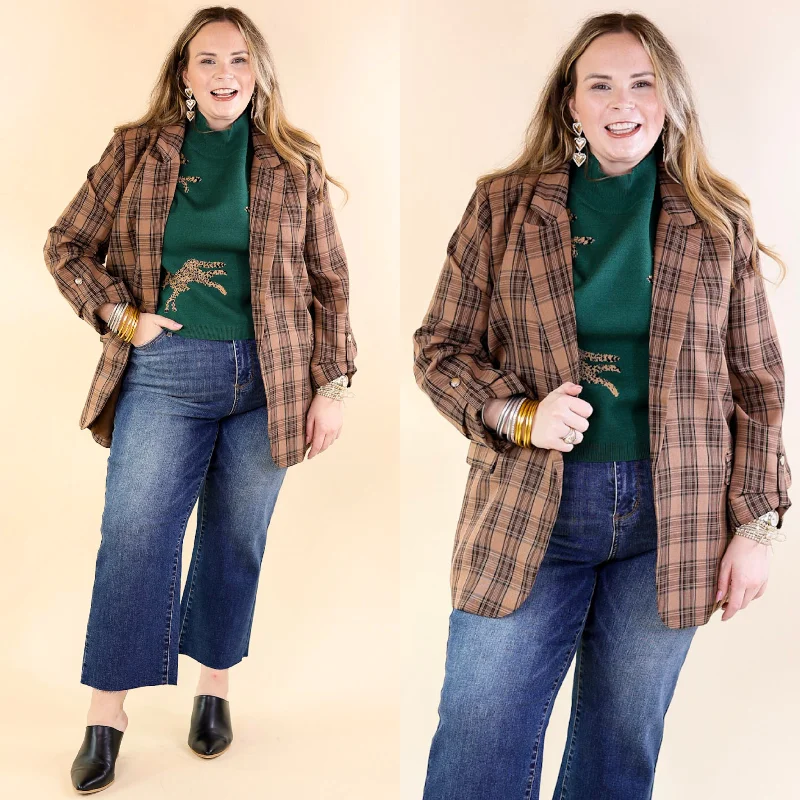 Women's Holiday Clothing Mountain View Open Front Plaid Blazer with 3/4 Sleeves in Brown