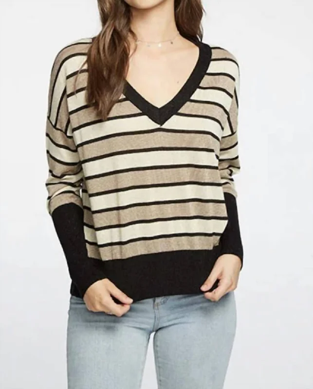 Affordable Women's Clothing Long Sleeve Striped V-Neck Sweater In Black & Gold Stripe