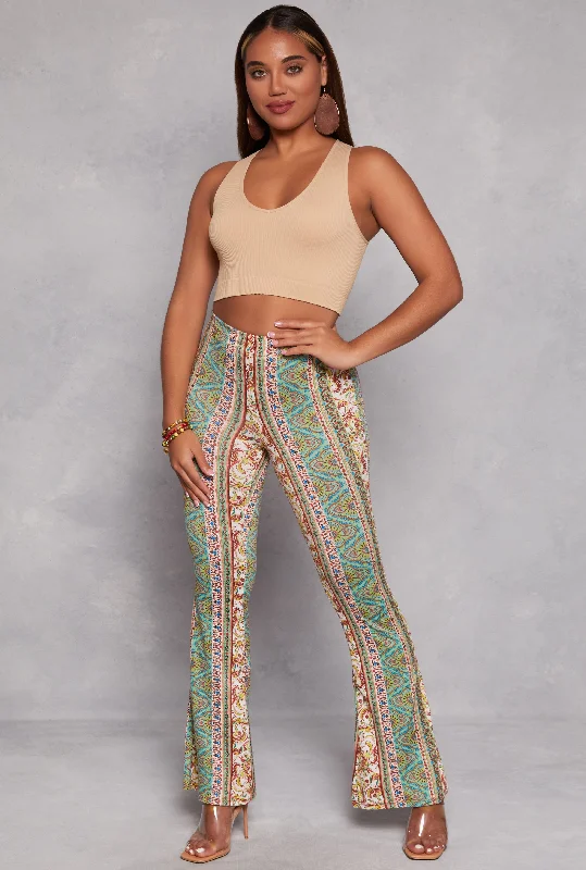 Affordable Women's Clothing Paisley Border Print High Waisted Flare Pants