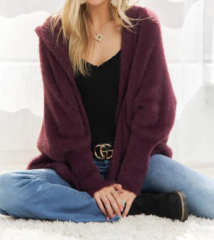 Women's Athleisure Apparel Soft Fuzzy Sweater Hoodie Cardigan In Eggplant