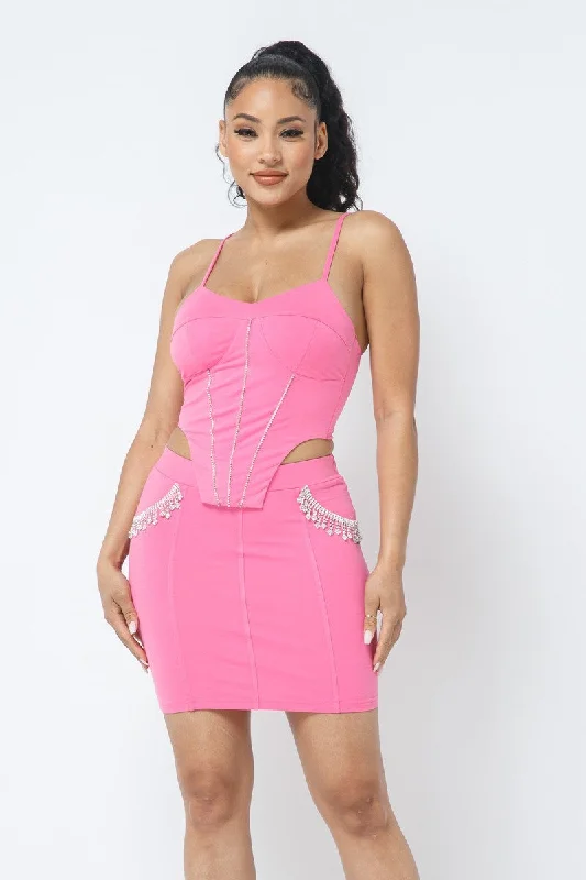 Women's Formal Event Clothing Rhinestone Detailed Strappy Cropped Top With Matching Rhinestone Pocket Detail Mini Skirt