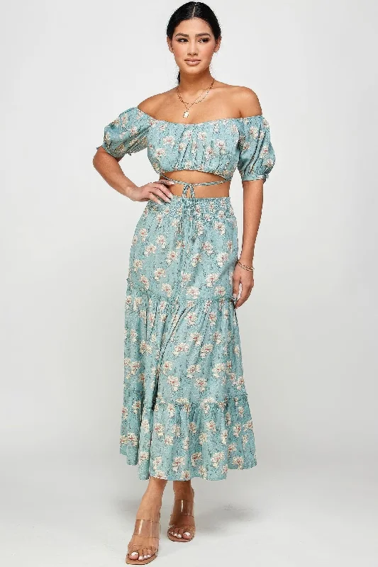 Best Online Clothing Boutiques Floral Off Shoulder Sleeve Back Tie Top Skirt Set