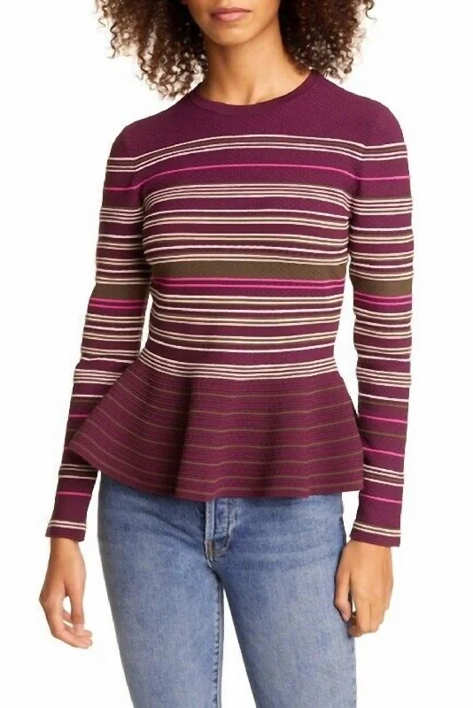 Trendy Online Boutiques London Leytina Striped Peplum Sweater In Burgundy