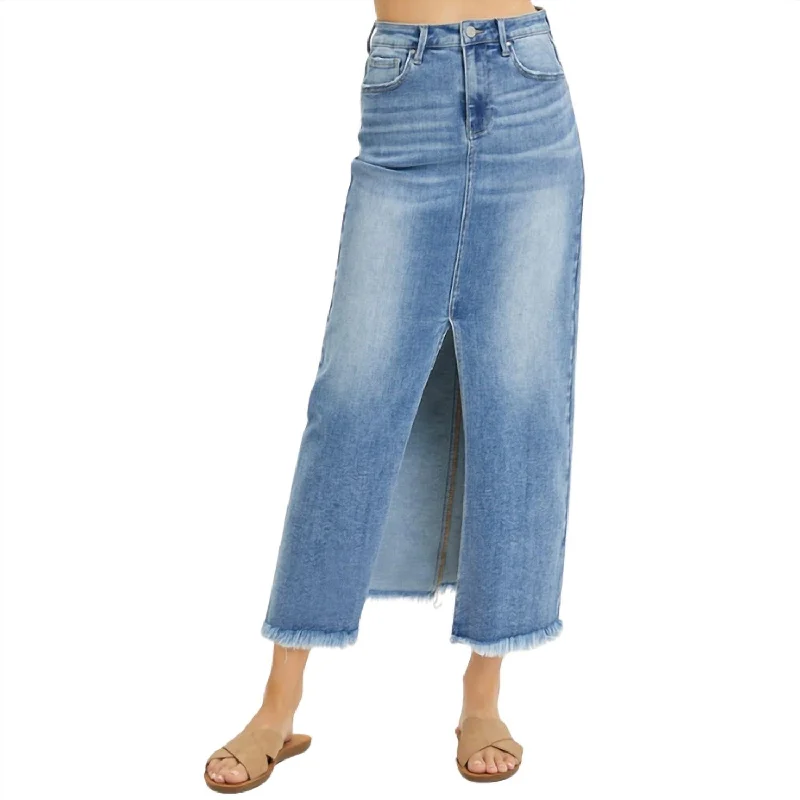 Online Boutiques Midi-Maxi Denim Skirt In Medium Wash