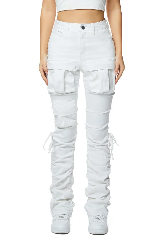 Bold and Elegant Women's Fashion High Rise Bootcut Strap Twill Pants - White