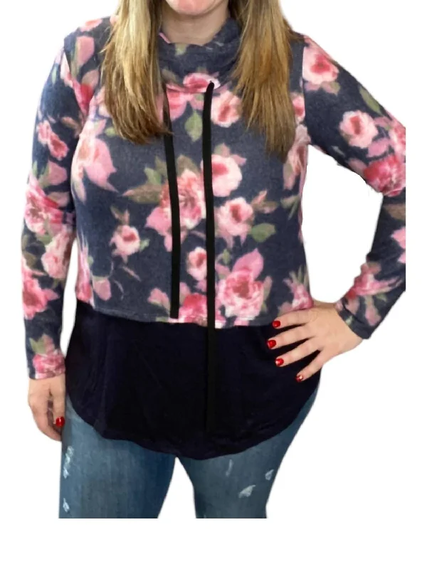 Women's Functional Apparel For Outdoor Activities Floral Cowlneck Sweater In Navy/pink