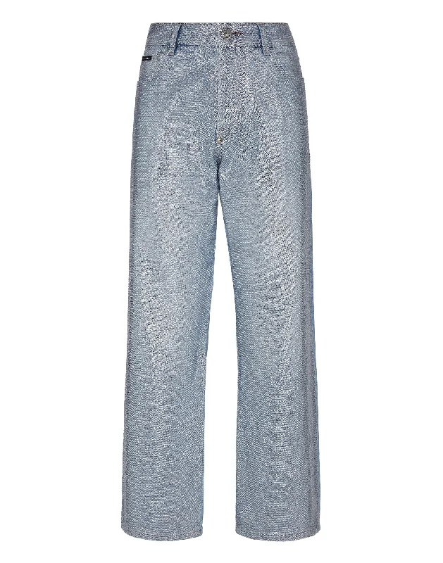 Women's Comfy Attire For Lounging Denim Trousers High Rise Fit Full Crystal