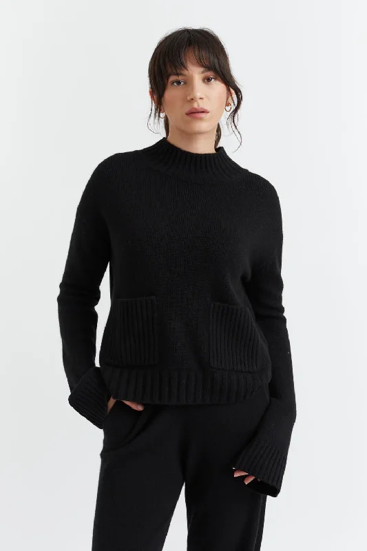 Women's Vintage-Inspired Clothing Black Cashmere Patch Pocket Sweater