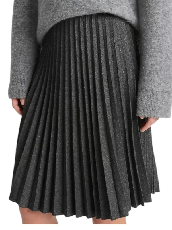 Online Boutiques Affordable Mid Rise Pleated Herringbone Midi Skirt In Charcoal