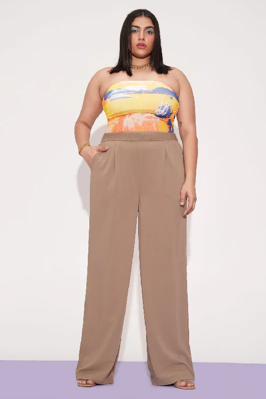 Women's Clothes And Apparel Sets Tan Pleated Waistband Curve Korean Pants