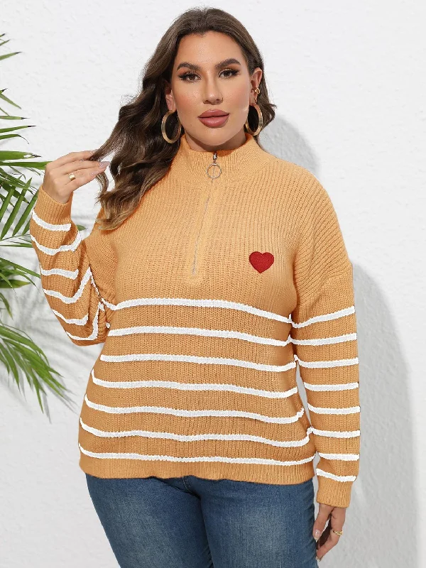 Best Boutiques Online Size Inclusive Zip-Up Striped Sweater with Heart Logo